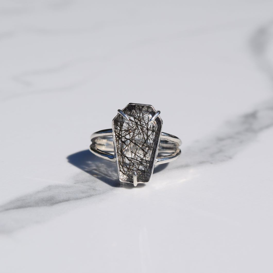 Black Rutilated Quartz Coffin Ring