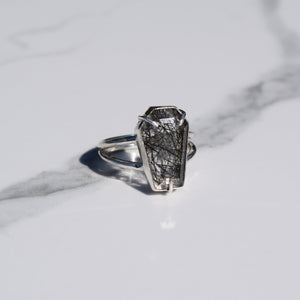 Black Rutilated Quartz Coffin Ring
