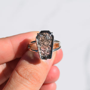 Black Rutilated Quartz Coffin Ring